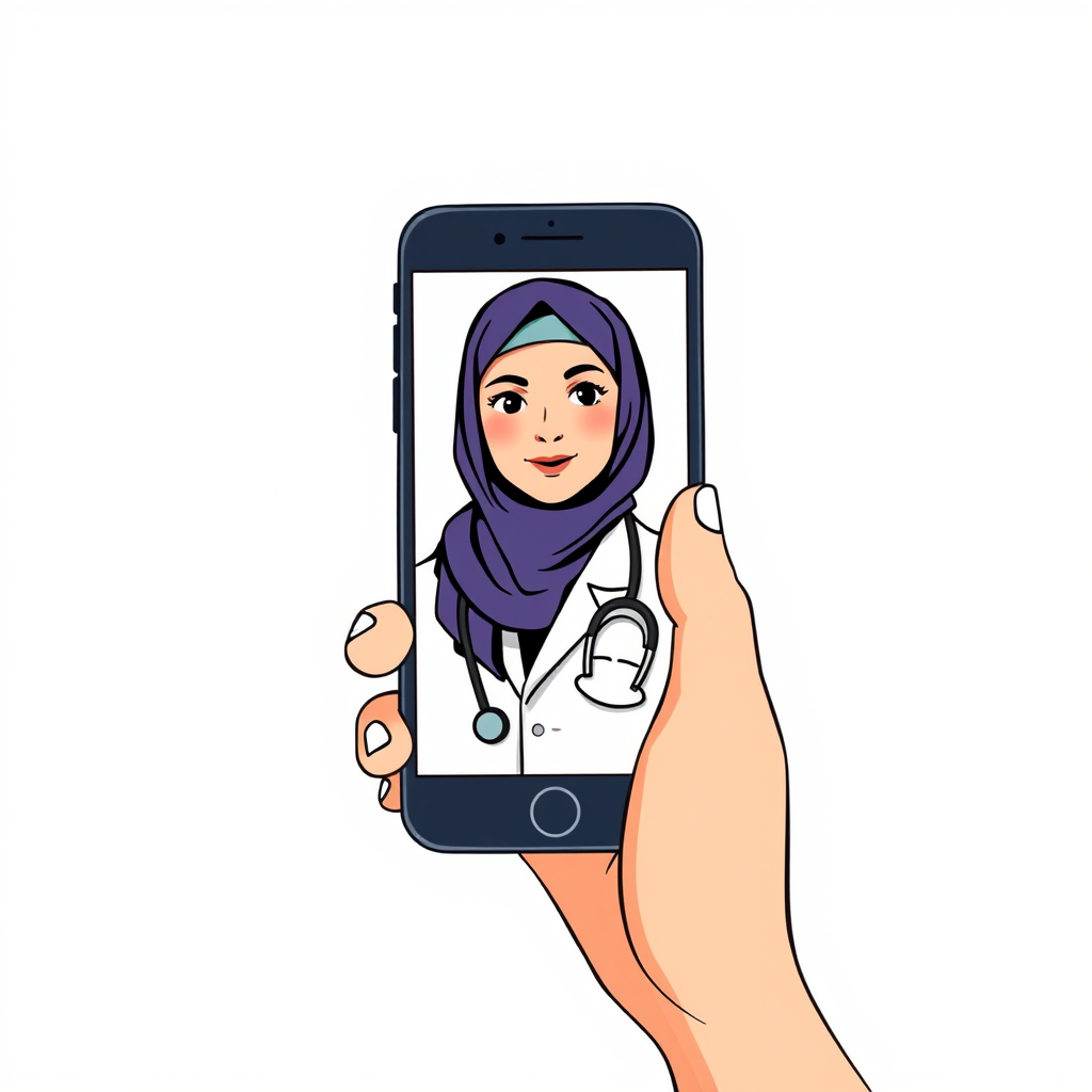 A hand holding a smartphone displaying a doctor in an online GP consultation
