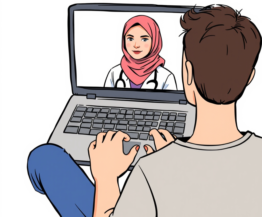 Patient having an online GP consultation with a doctor visible on a computer screen