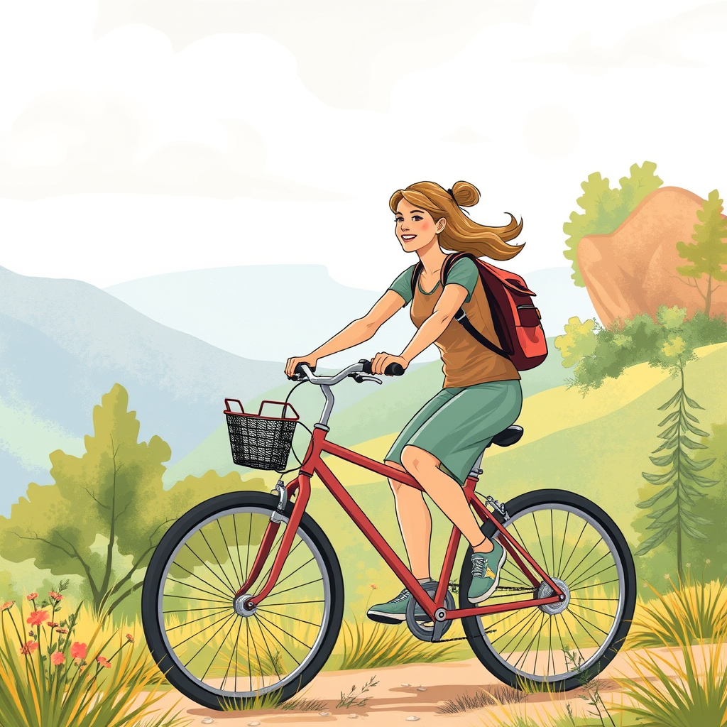 A lady keeping healthy by riding a bicycle out in nature.