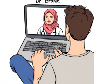 A patient using a laptop computer to consult an online doctor whose face is visible against a white background on the computer screen
